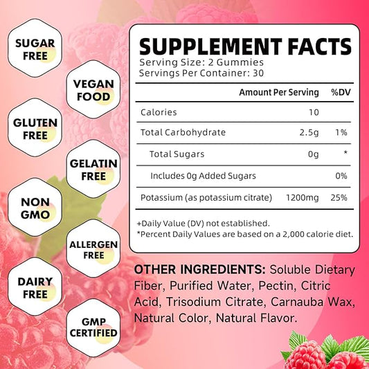 Potassium Citrate Gummies, High Potassium Supplement Gummies 1200mg Support Leg Cramps & Muscle Health, Potassium Gummies for Adults & Kids, Vegan, Raspberry Flavor 120 Count