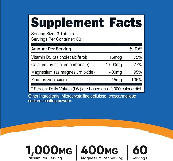 Nutricost Calcium, Magnesium & Zinc Tablets 1,415 mg, 180 Tablets 60 Servings