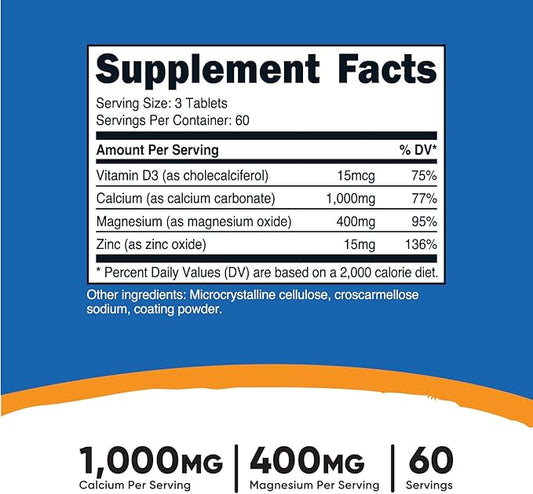 Nutricost Calcium, Magnesium & Zinc Tablets 1,415 mg, 180 Tablets 60 Servings