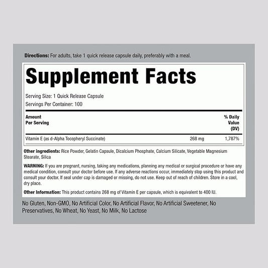 Piping Rock Dry Vitamin E 400 IU 268mg | 100 Capsules