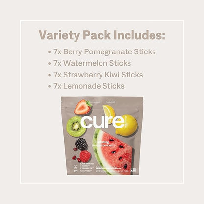 Cure Hydration | Plant-Based Electrolyte Drink Mix | No Added Sugar | FSA & HSA | Dehydration Relief Powder Made with Coconut Water | Non-GMO | Vegan | 28 Servings - Variety Pack