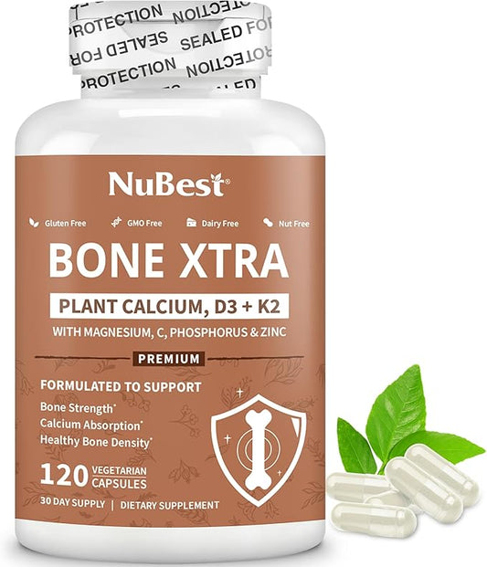 Bone Xtra Plant-Based Bone Strength Formula with Calcium, Magnesium from Marine Algae, Phosphorus, Vitamin C, K2, D3 | Immunity & Maximum Calcium Absorption | 120 Vegetarian Capsules | 1 Month Supply