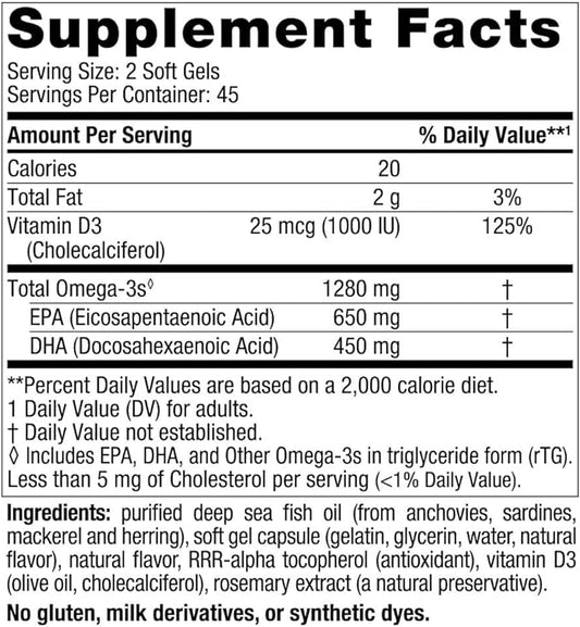 Nordic Naturals Ultimate Omega-D3, Lemon Flavor 90 Soft 1280 mg Omega-3 + 1000 IU D3 - Omega-3 Fish 45 Servings