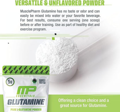 MusclePharm Essentials Glutamine, Pure L-Glutamine Powder Supplement for Post Workout Muscle Recovery, Energy & Gut Health, 5g L Glutamine Powder per Serving, Gluten-Free, Unflavored, 60 Servings