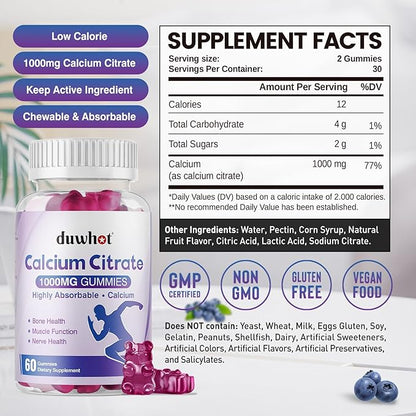 Calcium Citrate Gummies, Chewable Calcium Citrate 1000mg for Bone, Muscle & Immune Support, Ultimate Absorption Calcium Supplements for Women & Men, Blueberry, 60 Chews