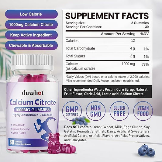 Calcium Citrate Gummies, Chewable Calcium Citrate 1000mg for Bone, Muscle & Immune Support, Ultimate Absorption Calcium Supplements for Women & Men, Blueberry, 60 Chews