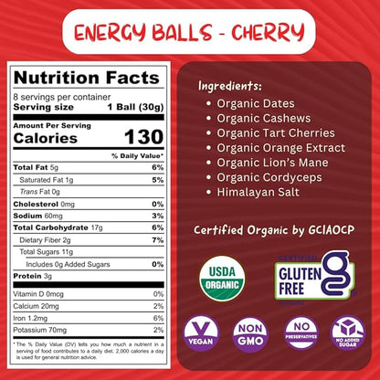 ODD BALLS Organic Energy Balls Cherry - Superfood Mushroom Snack - Running, Cycling, Hiking - Gels, Bars Alternative - Lion's Mane Focus, Cordyceps Energy - Vegan, Gluten Free Snacks for Kids & Adults (8.5 oz, Cherry)