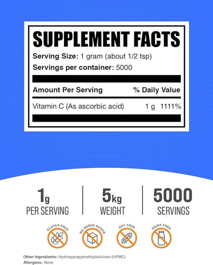 BulkSupplements.com Ascorbic Acid Powder - Vitamin C Supplement, Ascorbic Acid Food Grade - Powdered Vitamin C, Immune Support - Gluten Free, 1g per Serving, 5kg (11 lbs) (Pack of 5)