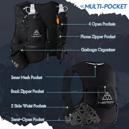Haimont Hydration Running Vest with Water Bottles for Women Men, Adjustable Lightweight 8L Water Backpack with Soft Flasks for Trail Running