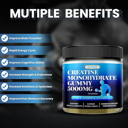 Creatine Monohydrate Gummies 5000mg with L-Taurine B12 Per 60 Count