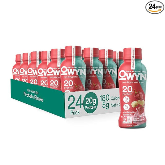 OWYN Only What You Need Vegan Protein Shake, Strawberry Banana, 20g Plant Based Protein, Omega-3, Prebiotic Supplements, Gluten-Free, Soy-Free, Non-GMO (24 Pack) (Packaging May Vary)