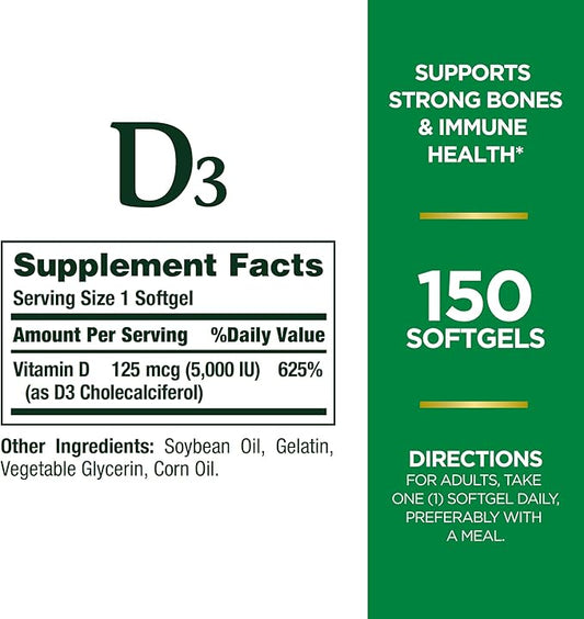 Nature's Bounty Vitamin D3, Immune and 5000IU, Rapid 150 Ct