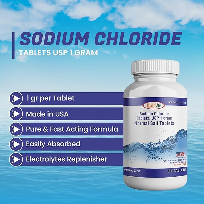 Health Life Sodium Chloride Tablets 1 gm, USP | 300 Count | Normal Salt Tablets | Sodium Mineral Supplement (15.4gr.) | Electrolytes Replenisher Hydration Drink