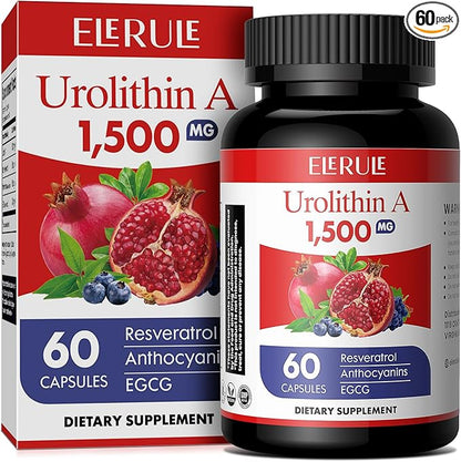 Urolithin A Supplement 1500mg Plus Trans-Resveratrol, Anthocyanins, Green Tea,Urolithin A Capsules Promoting Healthy Aging,Supports Cellular,Vitality & Energy for Men & Women, 60 Capsules