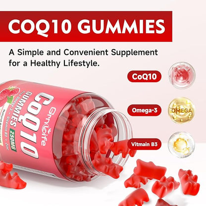 Sugar Free CoQ10 Gummies, CoQ10 250mg, Plus Omega-3, Vitamin B3 & Zinc, High Absorption Coenzyme Q10 Supplements for Cellular Energy, Antioxidant, Raspberry Flavor, 120 Count