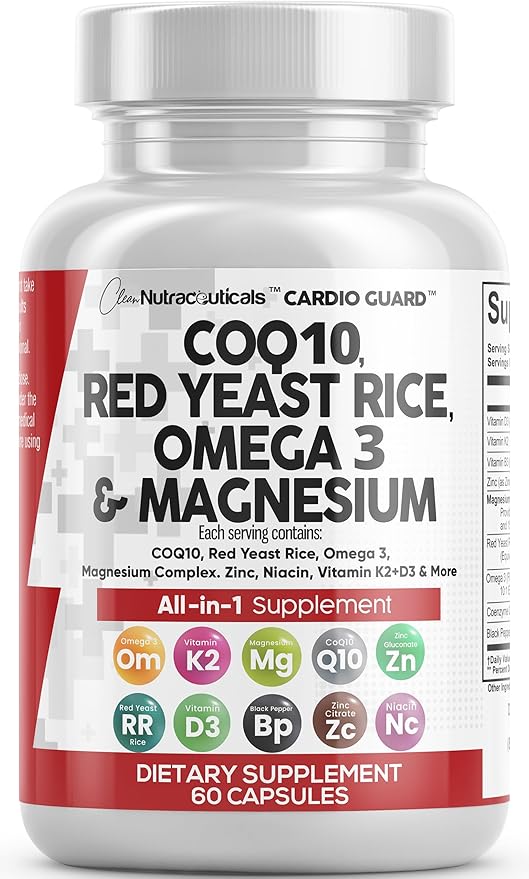 COQ10 200mg Red Yeast Rice 3000mg 3 3000mg 3000mg Magnesium 500mg Niacin K2 D3 D3 - B3, Coenzyme Q10-60 Ct
