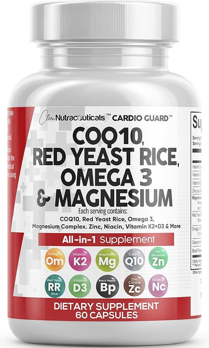 COQ10 200mg Red Yeast Rice 3000mg 3 3000mg 3000mg Magnesium 500mg Niacin K2 D3 D3 - B3, Coenzyme Q10-60 Ct