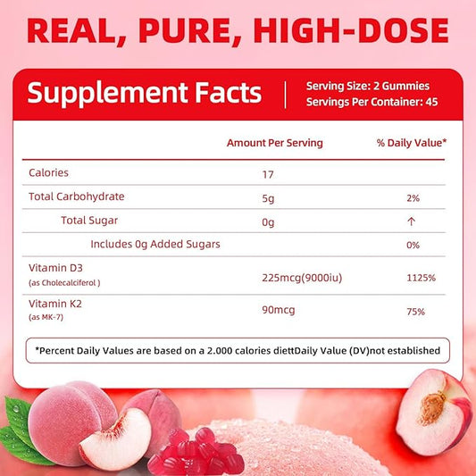 Vitamin D3 K2 Gummies Sugar Free, K2 D3 Vitamin Supplement 9000 IU for Adult Women Muscle Teeth Immune Support 90 Counts, Peach Flavor