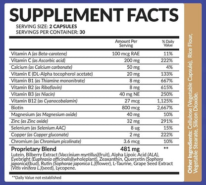 Eye Vitamin Supplement with Lutein, Zeaxanthin, 60 Veggie