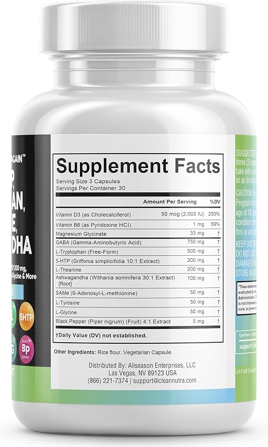 Clean Nutraceuticals GABA 750mg 5 HTP 200mg L 500mg L 200mg Ashwagandha 3000mg SAM-e