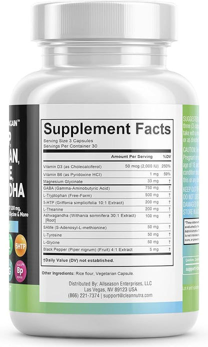 Clean Nutraceuticals GABA 750mg 5 HTP 200mg L 500mg L 200mg Ashwagandha 3000mg SAM-e