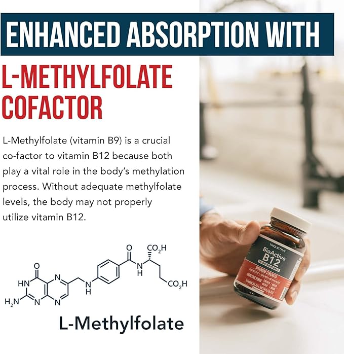 BioActive Vitamin B12 - 5000 mcg, Contains 3 BioActive B12 Forms Plus Methylfolate Cofactor - Methyl B12, Adenosyl B12 & Hydroxy B12 | Supports Energy, Metabolism & Mood | Vegan, Non-GMO (60 Servings)