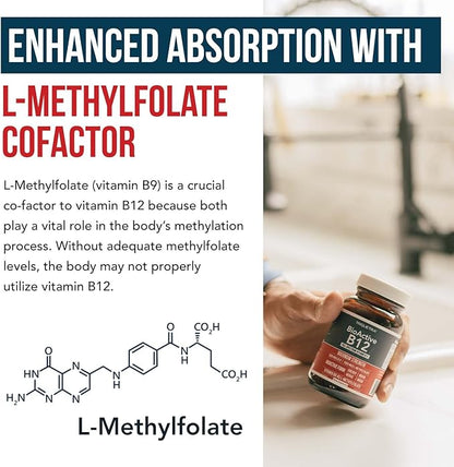 BioActive Vitamin B12 - 5000 mcg, Contains 3 BioActive B12 Forms Plus Methylfolate Cofactor - Methyl B12, Adenosyl B12 & Hydroxy B12 | Supports Energy, Metabolism & Mood | Vegan, Non-GMO (60 Servings)
