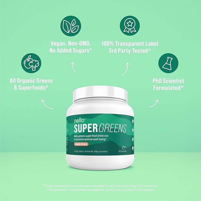Nello Supergreens - Premium Superfood Greens Drink Mix with Chlorella, Moringa,Spinach, & Broccoli + Digestive Enzymes & Probiotic Blend -Nutrient-Packed Powder for Wellness (Mango Peach, 30 SRV)