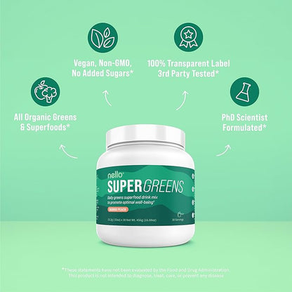 Nello Supergreens - Premium Superfood Greens Drink Mix with Chlorella, Moringa,Spinach, & Broccoli + Digestive Enzymes & Probiotic Blend -Nutrient-Packed Powder for Wellness (Mango Peach, 30 SRV)