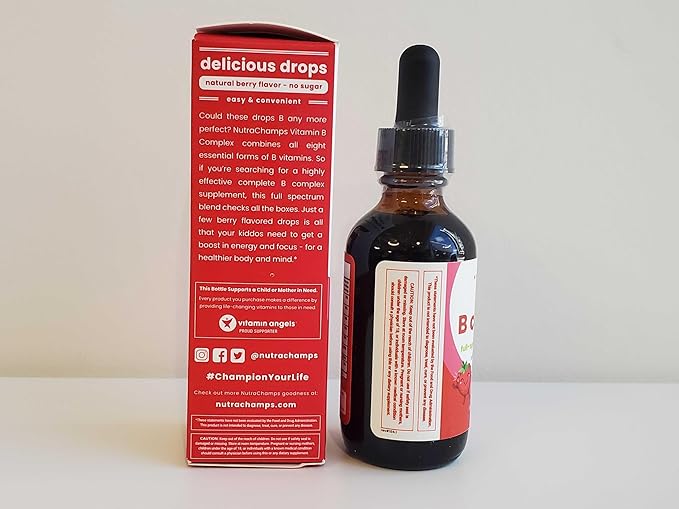 NutraChamps Vitamin B Complex for Kids, B1, B2, B3, B6, B7, B9 & Methyl B12, Kids B Complex Liquid Drops Supplement, Energy, Focus, Metabolism, Natural Berry, 120 Servings, 4 Month Supply