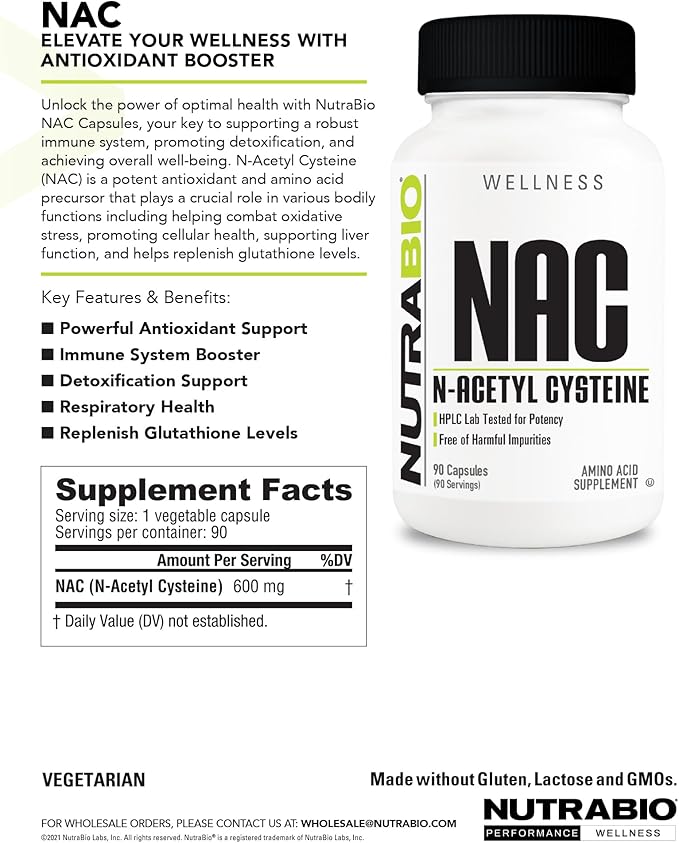 NutraBio N-Acetyl Cysteine Supplement (NAC) 90 Capsules, 600mg Each