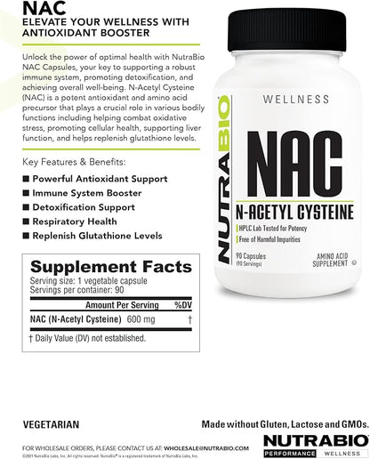 NutraBio N-Acetyl Cysteine Supplement (NAC) 90 Capsules, 600mg Each