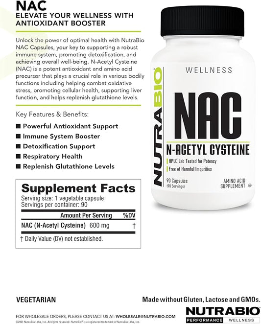 NutraBio N-Acetyl Cysteine Supplement (NAC) 90 Capsules, 600mg Each