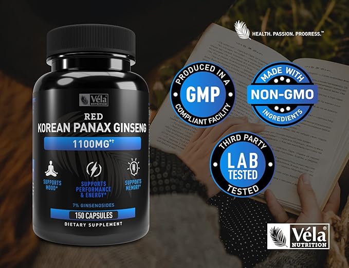 Vela Red Korean Panax Ginseng Supplement 1,100mg per 3rd Party 150 Capsules