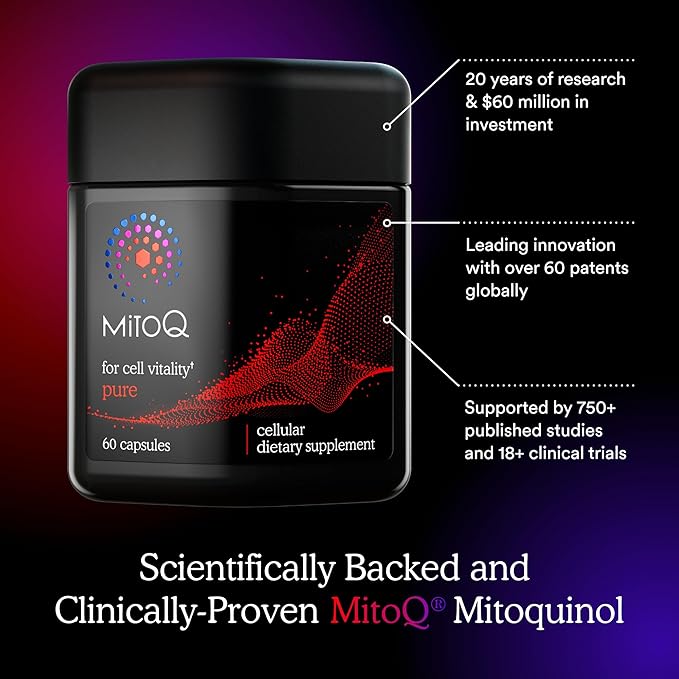 MitoQ Pure Mitochondria-targeted Antioxidant Supplement | Reducing Free Radical Damage & Oxidative Stress | Supports Cellular Longevity, Metabolic Health, Healthier Aging, and Energy (60 Capsules)