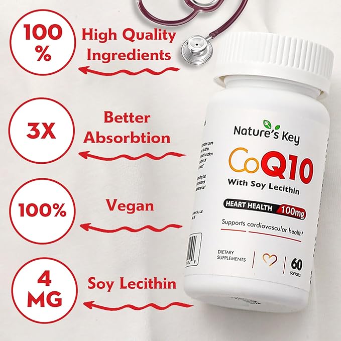 Nature's Key CoQ10 200mg Softgels 3X Better Q10 for 50mg Soy 1 Month Supply(60 Counts)