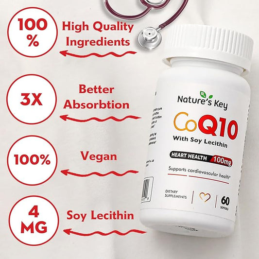 Nature's Key CoQ10 200mg Softgels 3X Better Q10 for 50mg Soy 1 Month Supply(60 Counts)