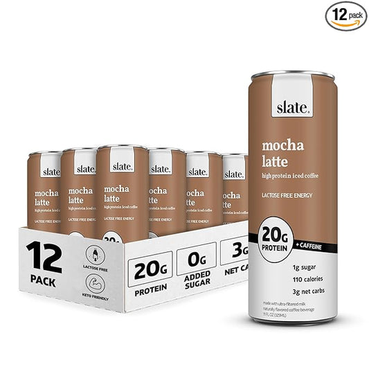 Slate Milk - High Protein Iced Coffee - Mocha Latte - 175mg Caffeine, Lactose Free Energy - 20g Protein, 1g Sugar, 110 Calories, 3g Net Carbs, No Sugar Added - Protein Coffee - 11 fl oz, 12 Cans