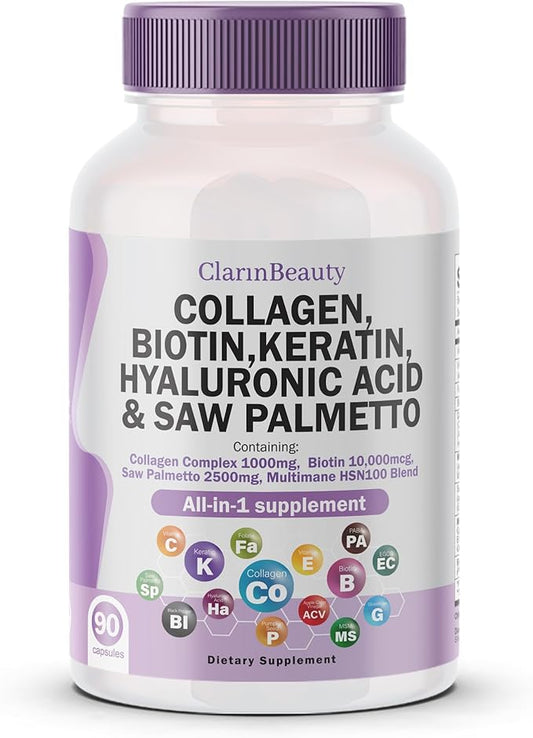 ClarinBeauty 100% Natural Collagen Pills 1000mg 10000mcg Keratin 2500mg Hyaluronic