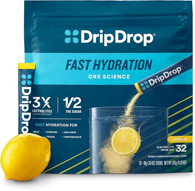 DripDrop Hydration - Lemon - Electrolyte Drink Mix Single Serve Hydration Powder Packets | Non-GMO, Gluten Free, Vegan | 32 Sticks