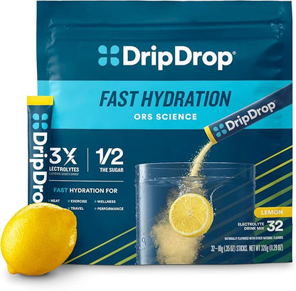 DripDrop Hydration - Lemon - Electrolyte Drink Mix Single Serve Hydration Powder Packets | Non-GMO, Gluten Free, Vegan | 32 Sticks