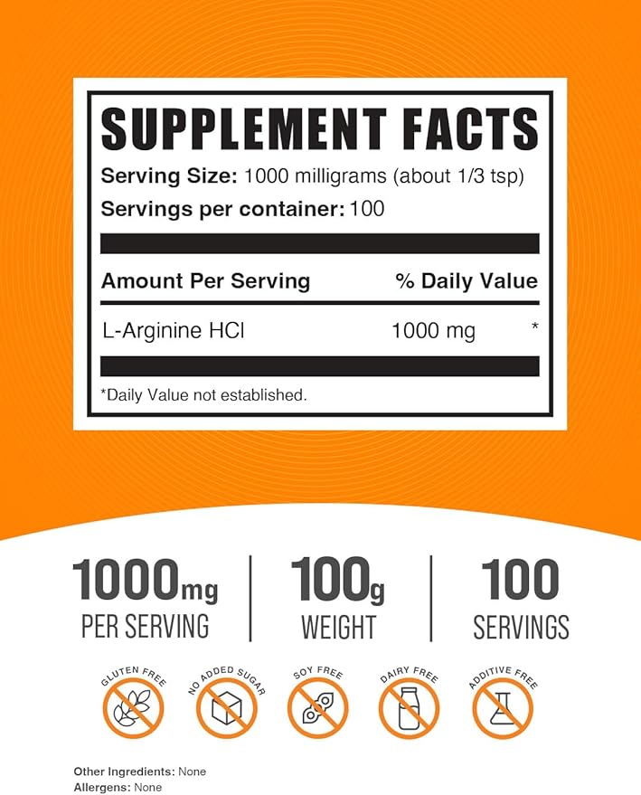 BulkSupplements.com L-Arginine HCl Powder - L-Arginine 1000mg, Arginine Supplement - Nitric Oxide Supplement, Nitric Oxide Powder - Pure & Gluten Free, 1000mg per Serving, 100g (3.5 oz)