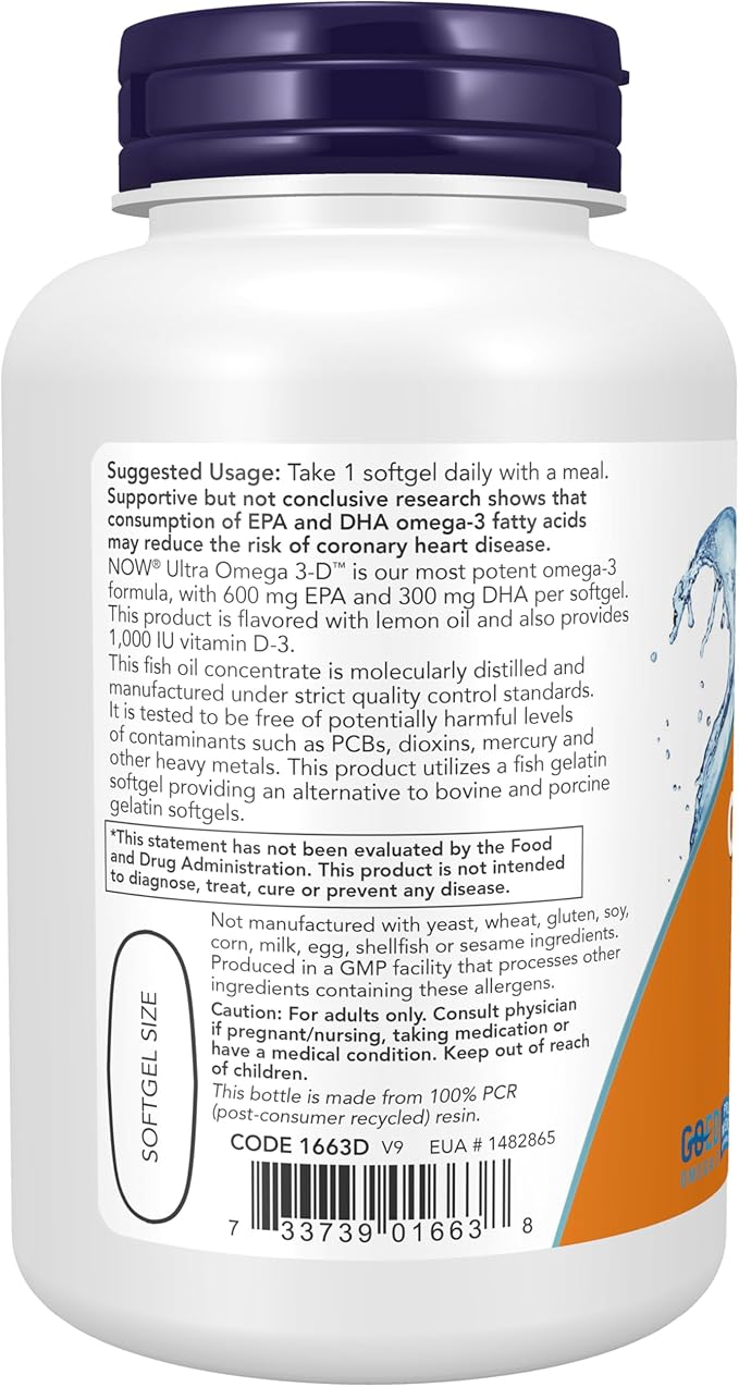 NOW Supplements, Ultra Omega 3-D™, Omega-3 D-3, Cardiovascular 90 Softgels