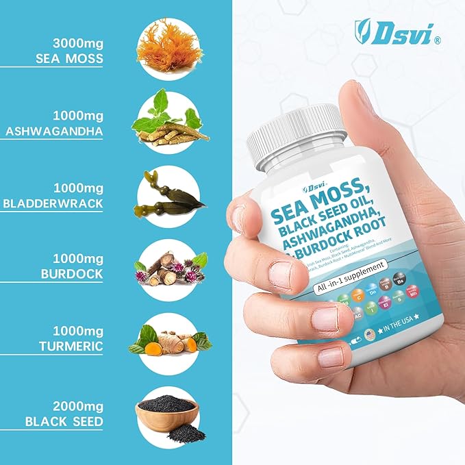Sea Moss 3000mg Black Seed Oil 2000mg Ashwagandha 1000mg Bladderwrack 1000mg Turmeric 1000mg Burdock 1000mg Vitamin D3 Elderberry Women,60 Count