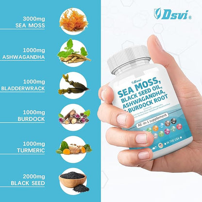 Sea Moss 3000mg Black Seed Oil 2000mg Ashwagandha 1000mg Bladderwrack 1000mg Turmeric 1000mg Burdock 1000mg Vitamin D3 Elderberry Women,60 Count