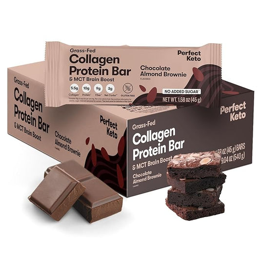 Perfect Keto Collagen Protein Bar, Gluten Free with Grass Fed Collagen + MCT Oil, Low Carb, No Sugar Added, High Protein Snacks, Keto Diet Foods, 10g Protein, 19g Fat, 2g Net Carbs, Almond Butter Brownie, 12 Bars