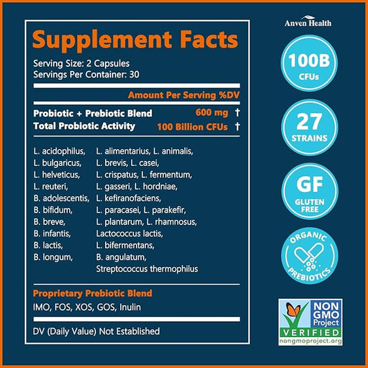 100 Billion Probiotics for Men and Women 27 Strains 5 Organic Prebiotics for Gut Digestive & Immune Health, Supports Diarrhea Gas Bloating, Vegan Probiotic Supplement Formula丨120 Caps