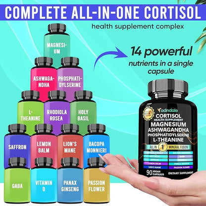 14-in-1 Cortisol Health Supplement with Ashwagandha, Magnesium Glycinate, Rhodiola, L-Theanine, Holy Basil & More. Cortisol Supplements for Women Support Stress Management & Stamina. 90 Capsules.