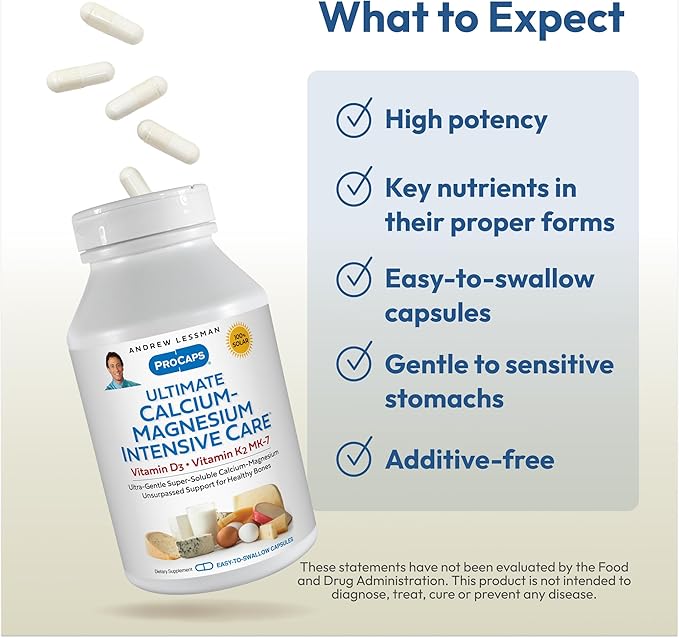 ANDREW LESSMAN Ultimate Calcium-Magnesium Intensive Care with Vitamin D3 & K2 MK7-120 mcg - 60 Capsules – Bone and Skeleton Health Essentials. Gentle, Easy to Swallow, Super Soluble. No Additives