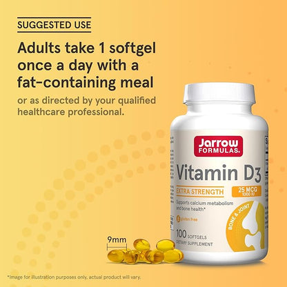 Jarrow Formulas Vitamin D3 25 mcg, Dietary Supplement, Bone and Joint, Support for Immune Health and Calcium Metabolism, 100 Softgels, 100 Day Supply